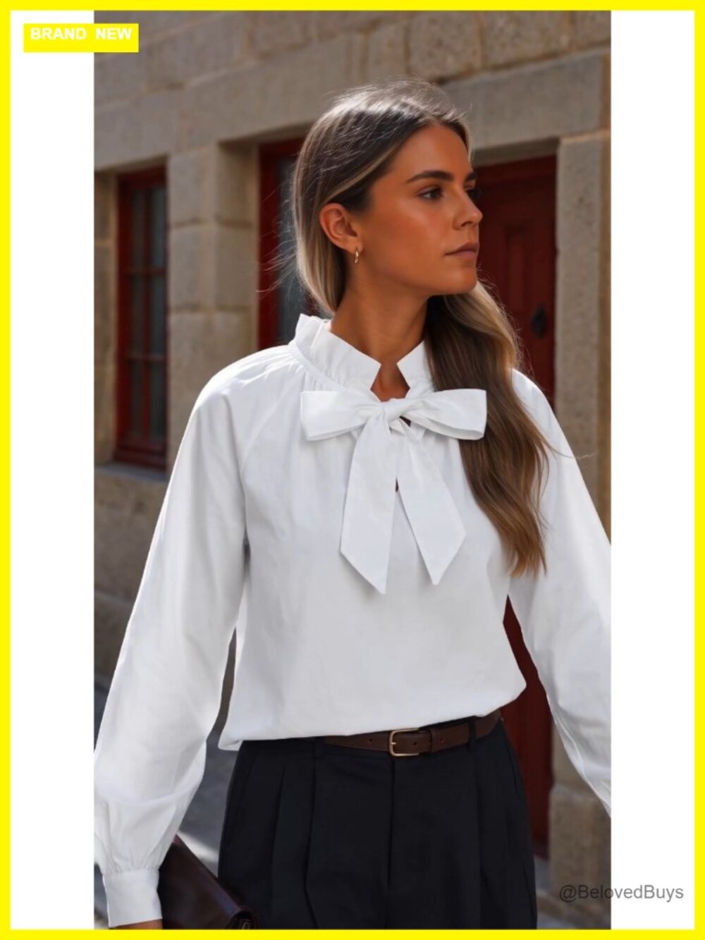 Cotton Striped Bow Tie Blouse Puff Long Sleeve Ruffle Women's Top - Picture 6 of 6